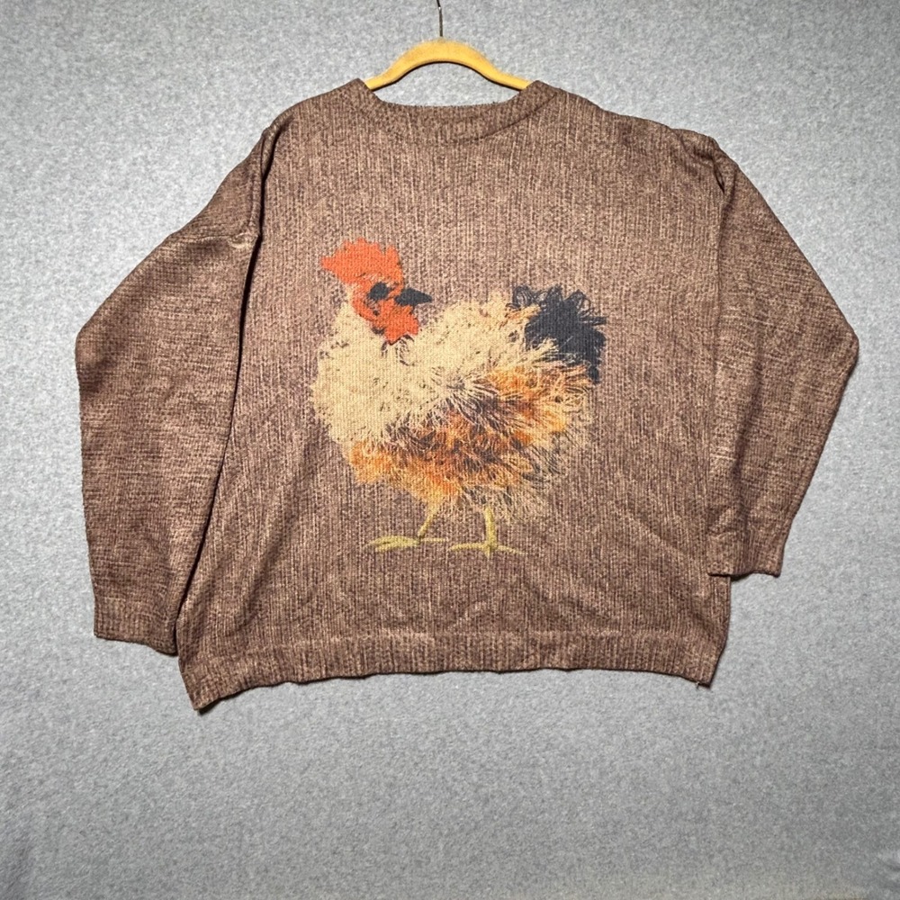 Unbranded Rooster Sweater Women 3XL Brown Graphic Knit Pullover Farmcore Cozy